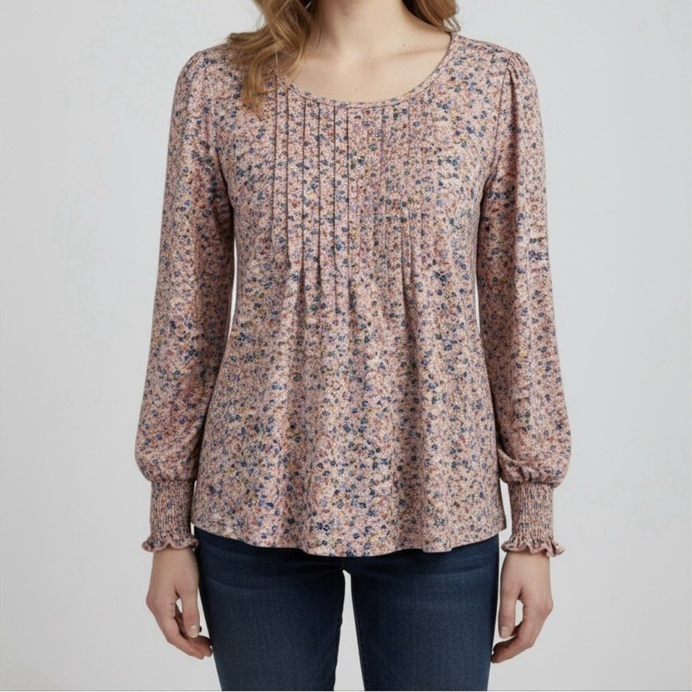 Lomon Pink Floral Blouse Women's Large Long Sleeve Smocked Cuff Ditsy Print